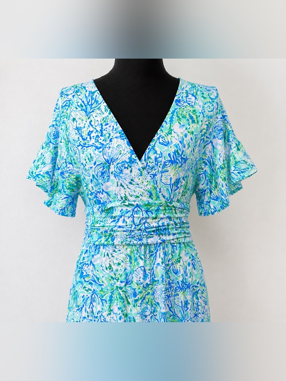 Lilly Pulitzer Midi Wrap Dress Blue Green Floral Butterfly Sleeve Smocked Waist - Picture 5 of 8